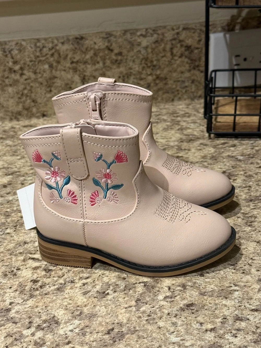 Cat & Jack Whitley Western Boots Blush Pink Floral Embroidery Side Zipper